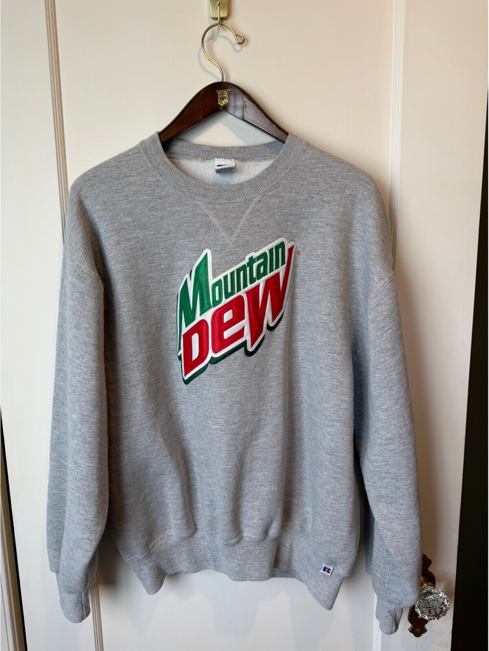 Vintage 90s Mountain Dew Sweatshirt Russell Athletic Gray Crewneck Large USA